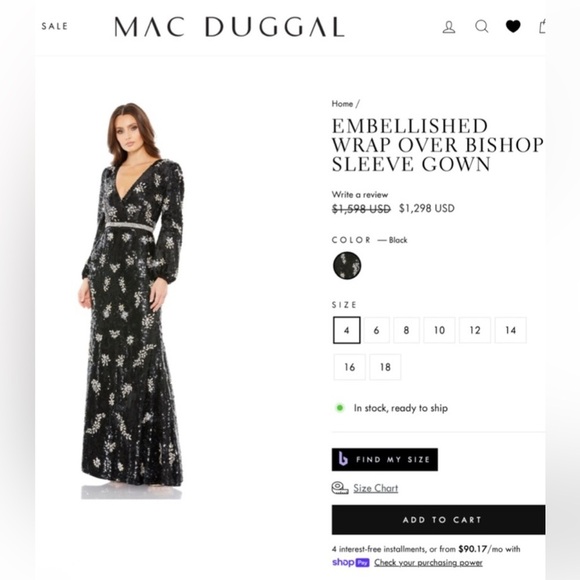 NWT $1598 Mac Duggal Embellished Wrap‎ Over Bishop Sleeve Gown Black Style 93616 - Picture 3 of 11
